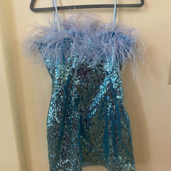 AUDREY ADELE BHLDN ANTHROPOLOGY BLUE SEQUIN DRESS WITH FEATHER TRIM MINI DRESS - Picture 5 of 12